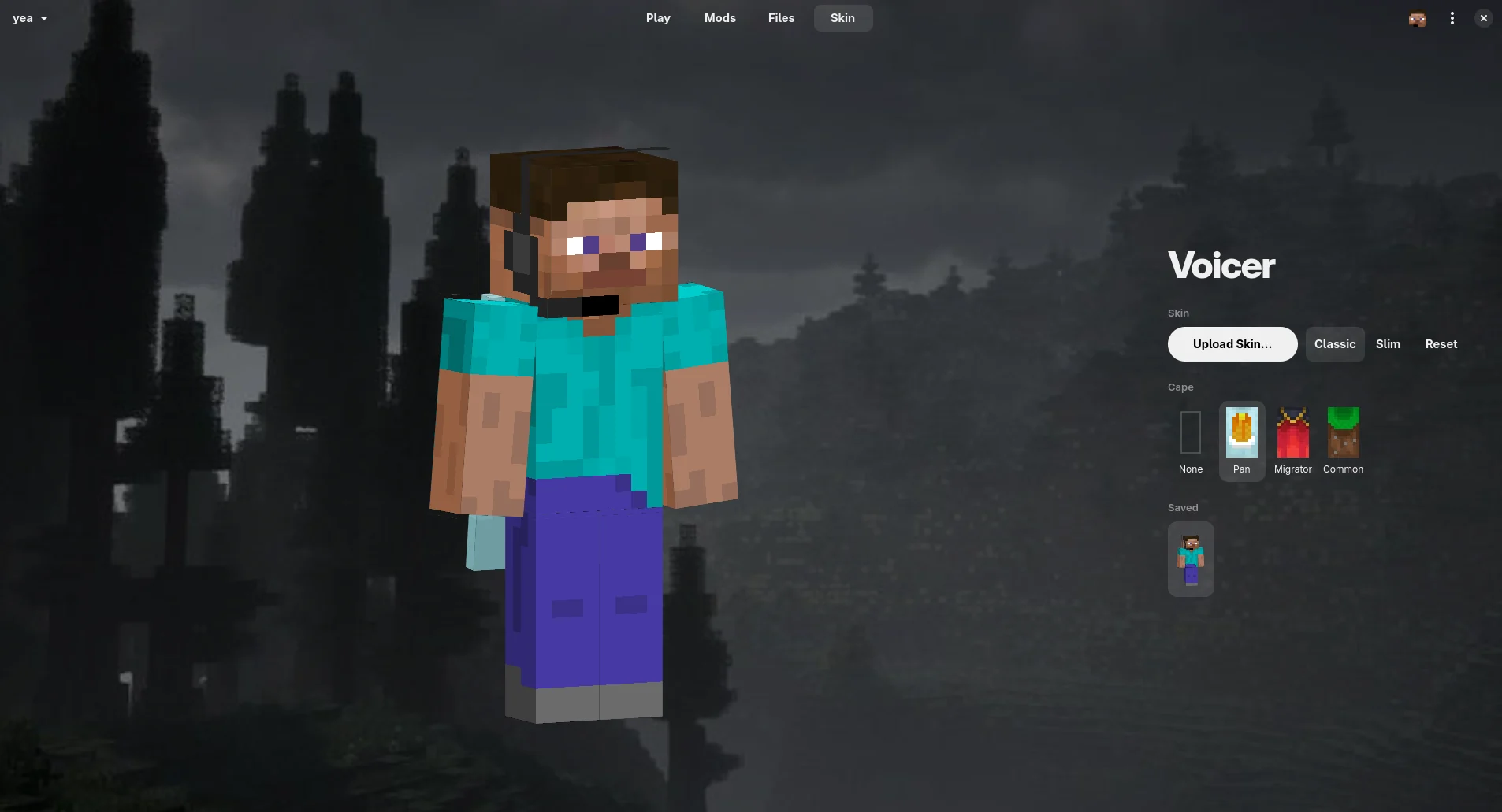 The Skin tab, with a 3D player model and a list of capes